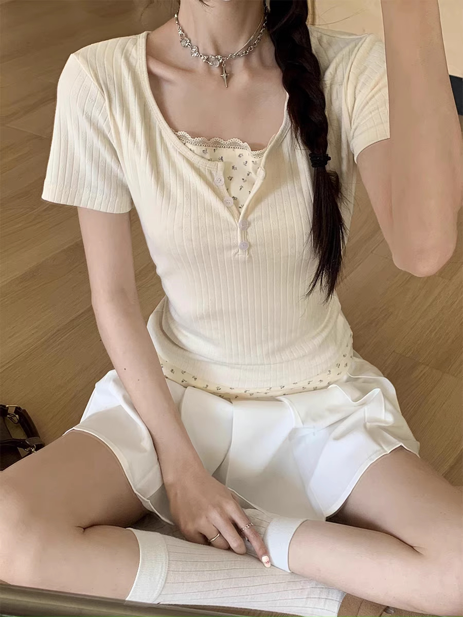 法式溫柔風假兩件碎花設計感小眾別致顯瘦氣質短款上衣