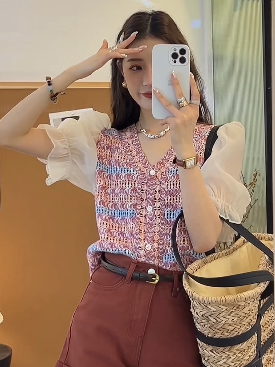 夏季新款韓版氣質薄款鏤空拼接襯衫法式小眾針織衫女V領短款上衣