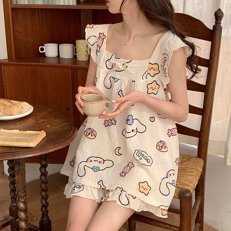 帶胸墊睡衣女夏季2024韓版新款小飛袖皺布家居服套裝甜美可愛網紅