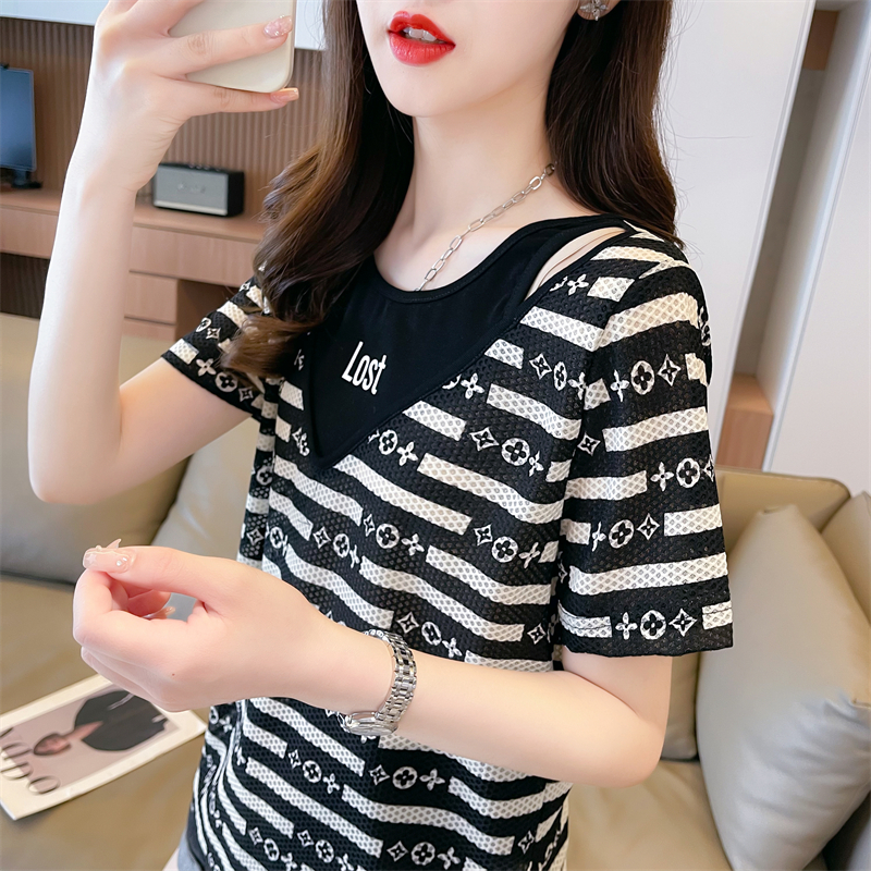 Real shot quality summer Korean version loose fake two-piece striped embroidery large size short-sleeved T-shirt for women