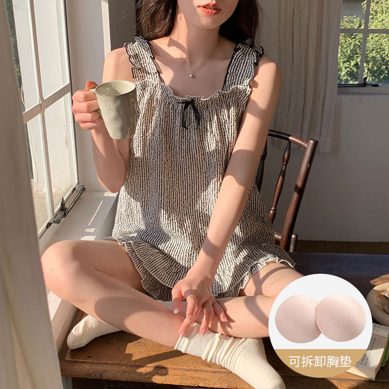 帶胸墊睡衣女夏季2024韓版新款皺布吊帶家居服兩件套裝甜美可愛