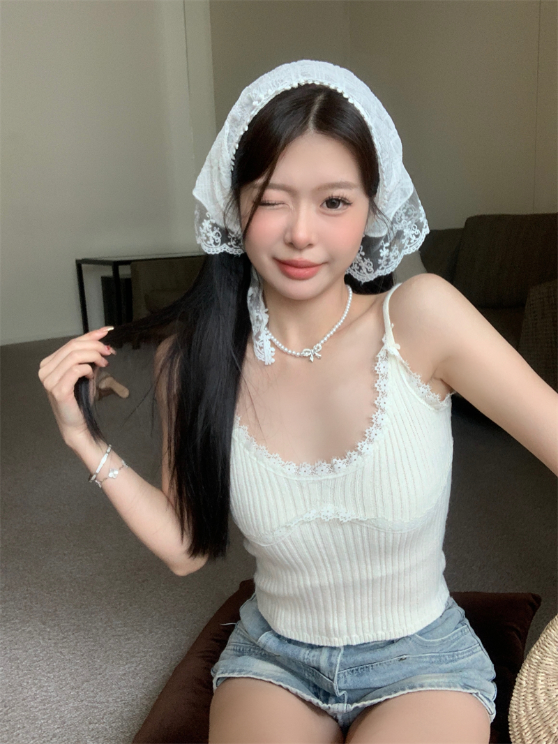 實拍 新款純欲小吊帶蕾絲拼接大彈力U領露鎖骨顯瘦打底背心女