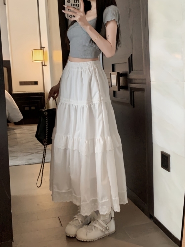 Actual shot #New high-waisted white skirt for women with elastic waist and design stitching lace cake long skirt