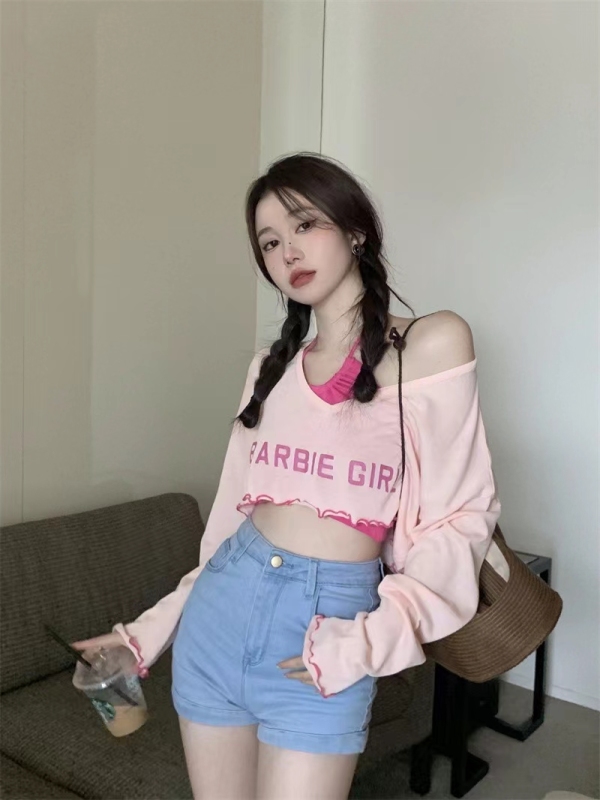 kpop女團純欲風甜辣妹爵士舞上衣吊帶長袖多巴胺針織罩衫T恤套裝