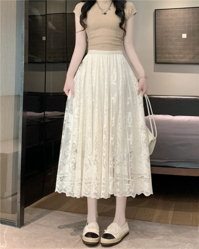 Real shot of lace skirt, women's mid-length A-line umbrella skirt, high-waisted slimming pleated skirt