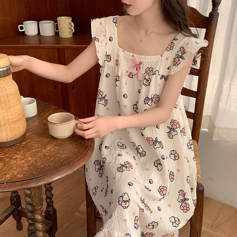 帶胸墊睡衣女夏季2024韓版新款小飛袖睡裙皺布家居服甜美可愛網紅