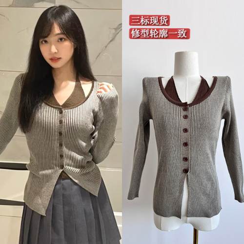 American fake two-piece commuter top for women autumn 2024 new slim fit design niche long-sleeved sweater