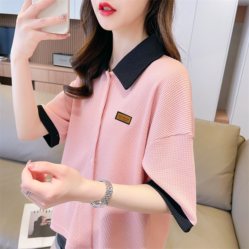 Real shot original quality summer Korean style loose waffle POLO collar label large size short-sleeved T-shirt for women