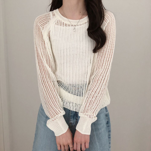Large size hollow blouse summer lazy style solid color thin mid-length slightly see-through long-sleeved ice silk sweater