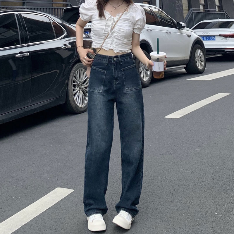 春秋新款大口袋設計感直筒拖地褲女顯高顯瘦休閒闊腿牛仔長褲子夏