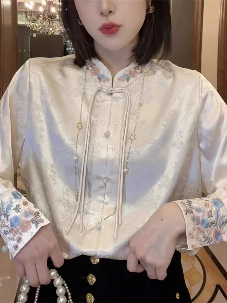 網紅同款2024新款時尚流蘇盤扣釘珠紐扣設計新中式立領國風襯衣