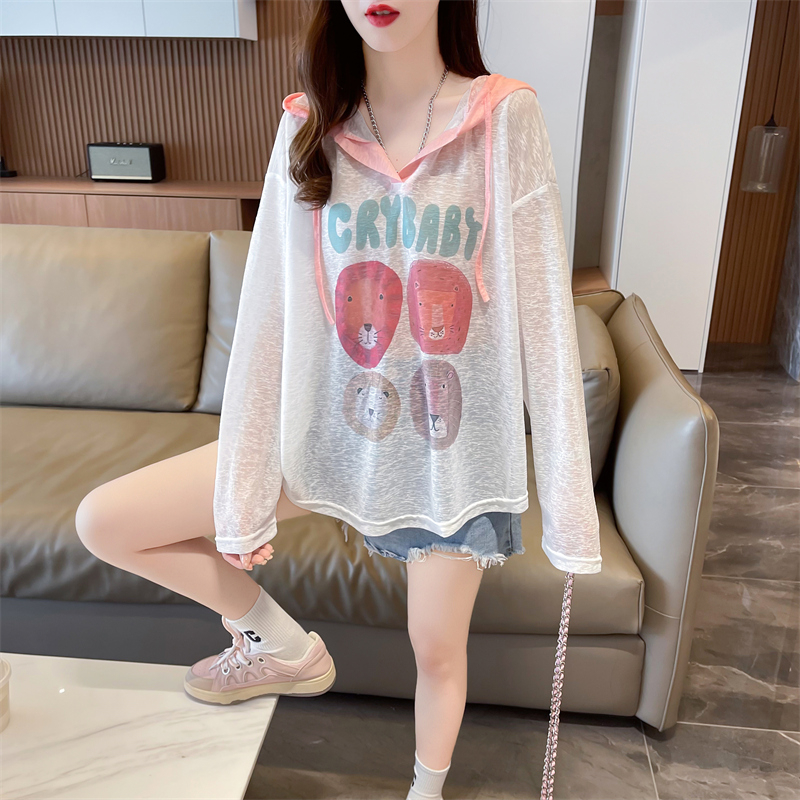 Actual shot of summer Korean style loose ice silk nano silk outdoor breathable hooded zipper cardigan sun protection jacket for women