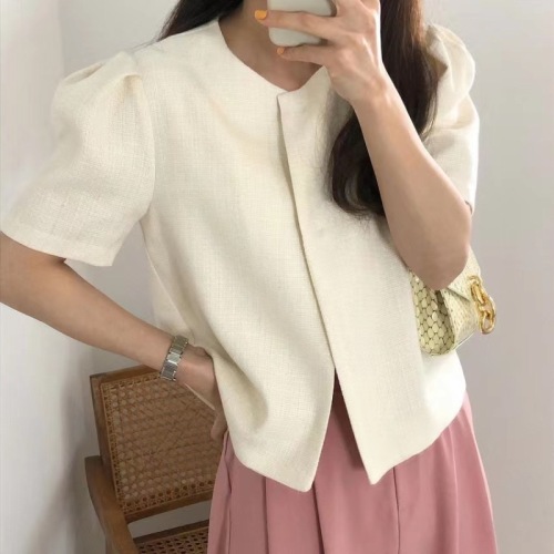 韩国chic 简约气质衬衫女夏季小众圆领宽松两粒扣短袖开衫上衣