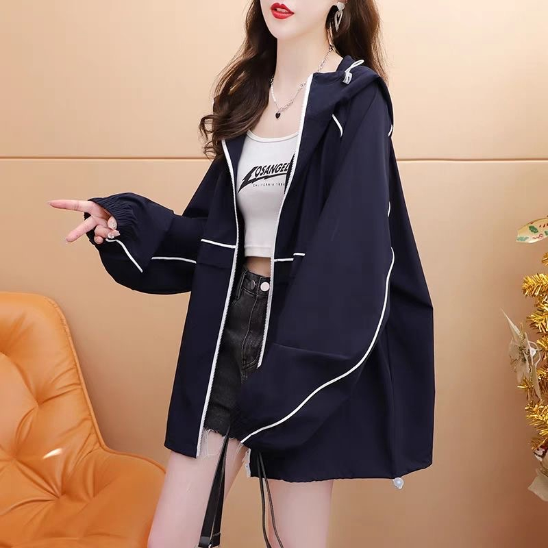 聚酯纖維官圖連帽防曬衣外套女夏季拼接寬鬆休閒開衫防曬服