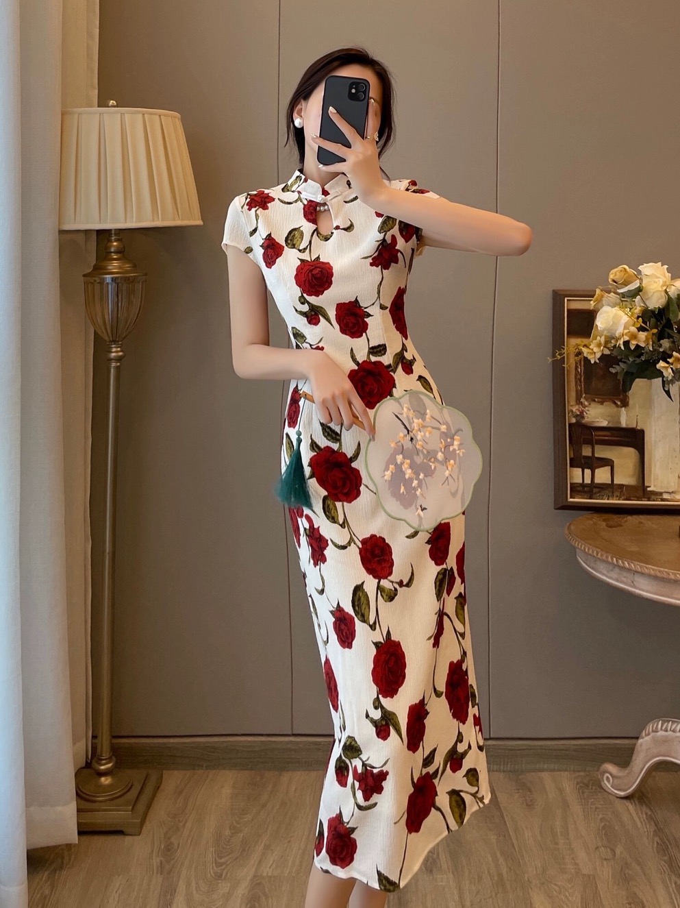 復古改良旗袍年輕款夏季小眾高級感宮廷風顯瘦氣質玫瑰印花連衣裙