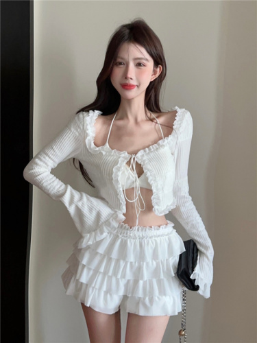 Actual shot square neck knitted lace-up cardigan long-sleeved top cake skirt suit