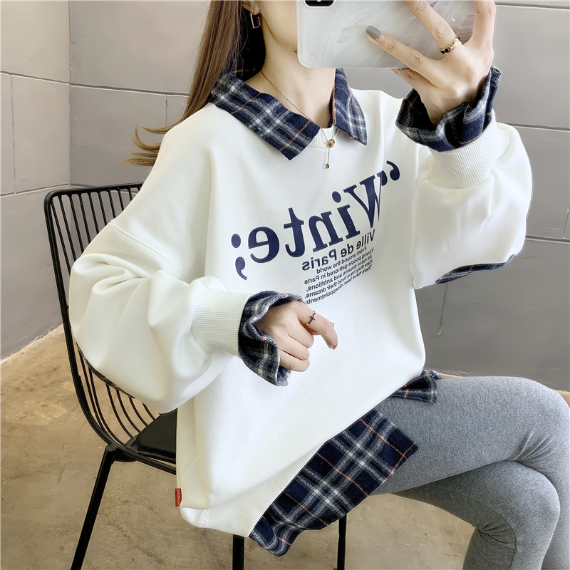 Actual shot of spring Korean style loose POLO collar fake two-piece printed mid-length plus size women's thin sweatshirt for women