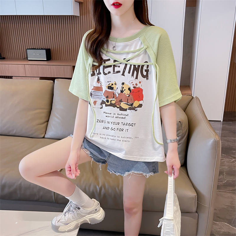 實拍 2024夏季韓版寬鬆後包領華夫格撞色刺繡短款T恤女