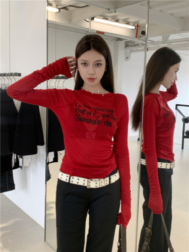 Real shot American hot girl lettering printed long-sleeved T-shirt summer thin sun protection blouse slim fit top