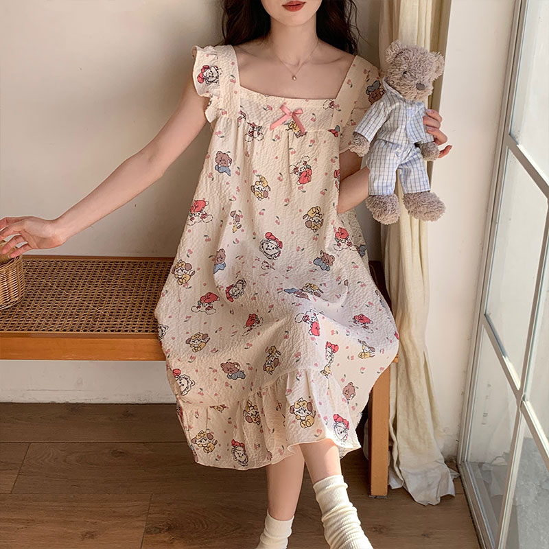 帶胸墊睡衣女夏季2024韓版新款小飛袖睡裙皺布家居服甜美可愛網紅