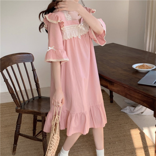 Real shot of Korean style sweet cotton jacquard loose and comfortable palace style square collar spring and summer home pajama dress