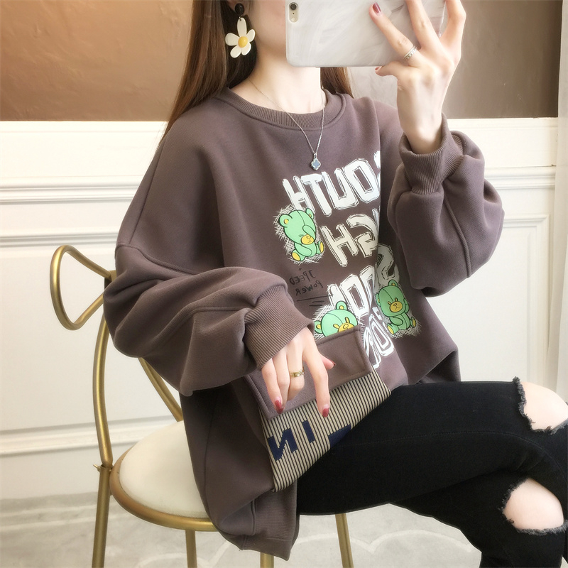 實拍2024春季韓版寬鬆圓領口袋卡通印花中長款大碼女裝薄款衛衣女