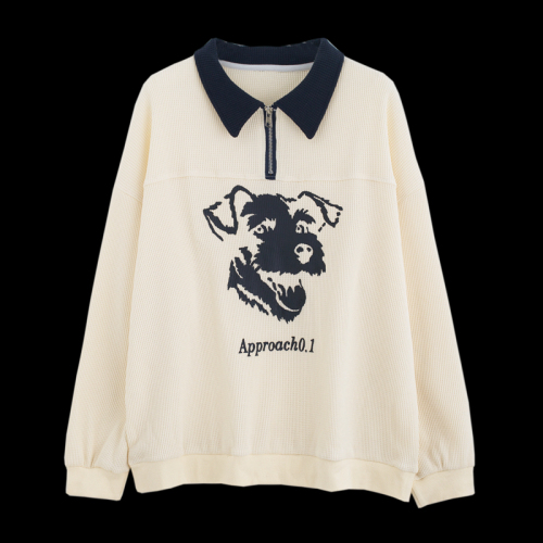 Actual shot of spring Korean style loose waffle POLO collar cartoon print mid-length large size thin sweatshirt for women