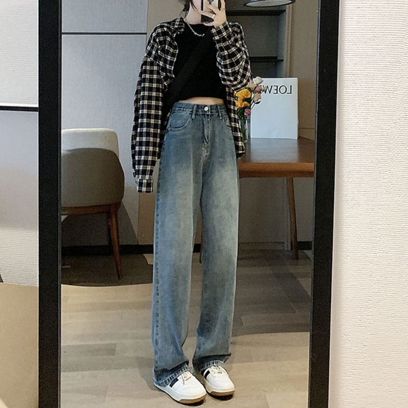 梨形休閒闊腿牛仔褲女懷舊復古網紅寬鬆時尚直筒遮肉垂感拖地褲子