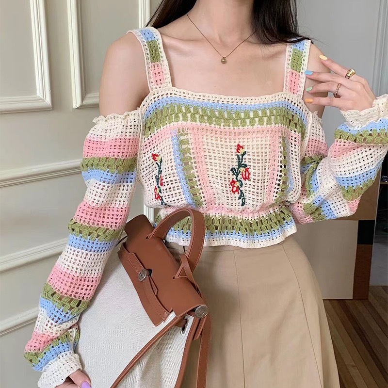 長袖襯衣女設計感小心機露肩秋季甜美減齡縷空鈎花針織法式上衣