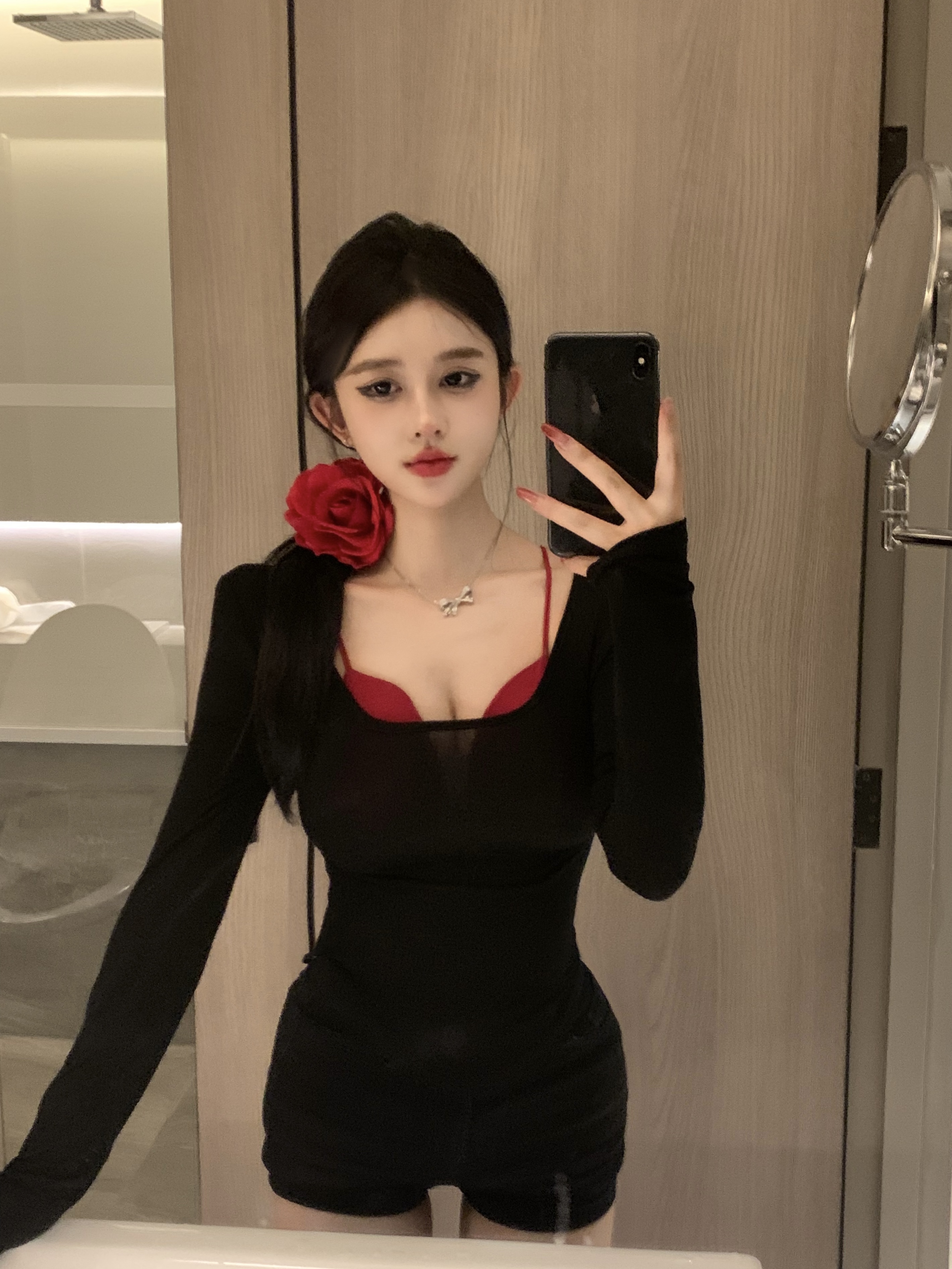 實拍 黑色網紗罩衫紅色內衣兩件套女新2024春季新款