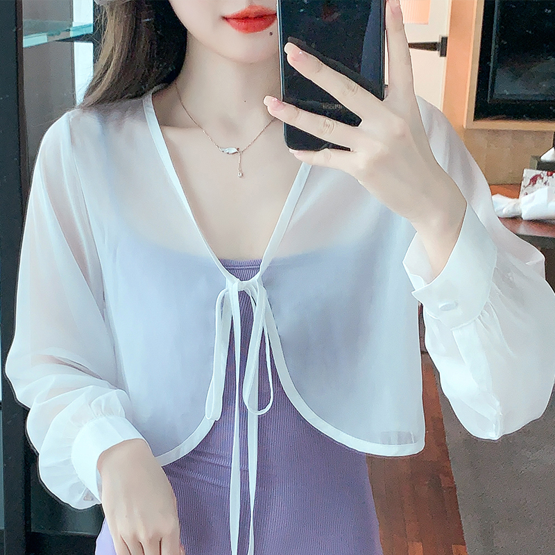 Already shipped 2024 spring and summer new chiffon sunscreen shawl shirt sleeves tie loose small coat for women