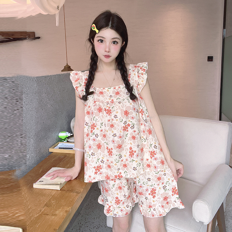 睡衣女夏季2024年韓版新款小飛袖甜美可愛少女家居服兩件套裝