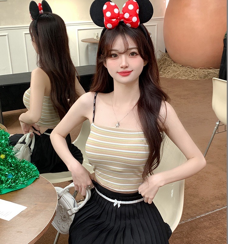 甜辣妹撞色條紋小吊帶背心女短款修身顯瘦外穿內搭打底衫上