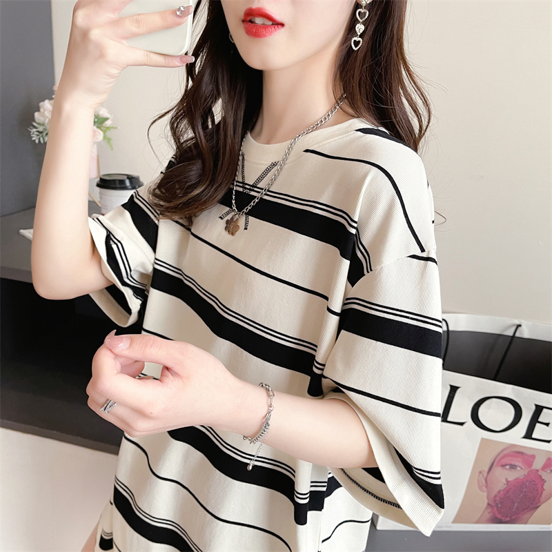 Real shot 2024 summer Korean style loose back bag collar striped cartoon embroidery large size short-sleeved T-shirt for women