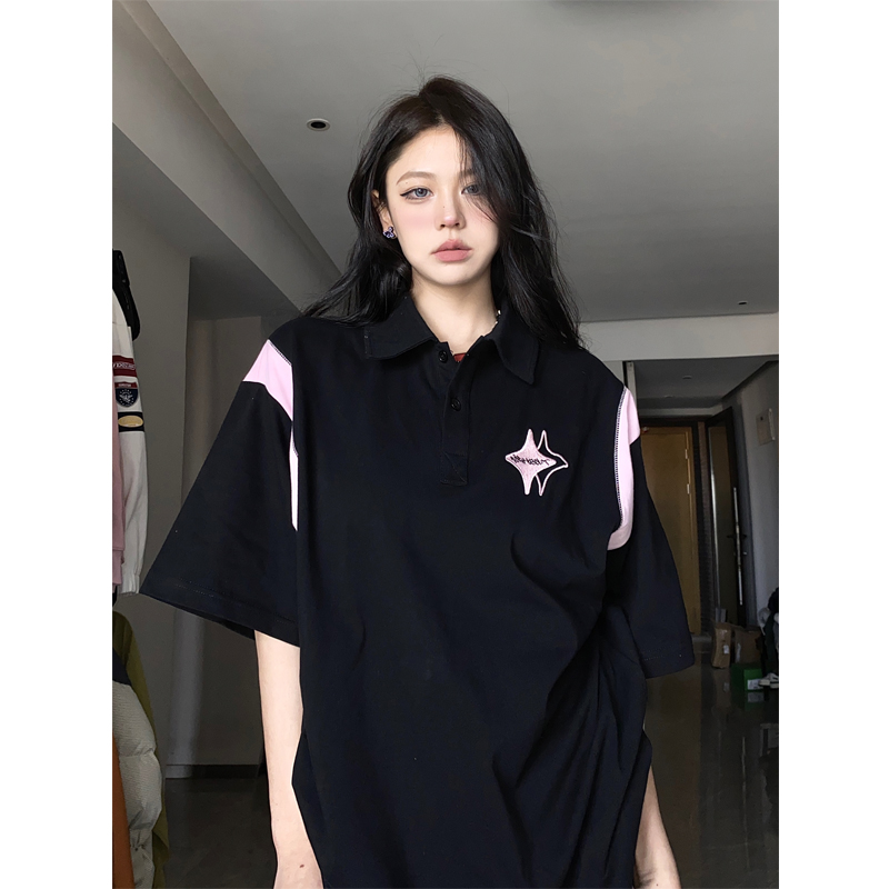 官圖6535棉撞色星星刺繡polo領短袖t恤女夏季寬鬆上衣女