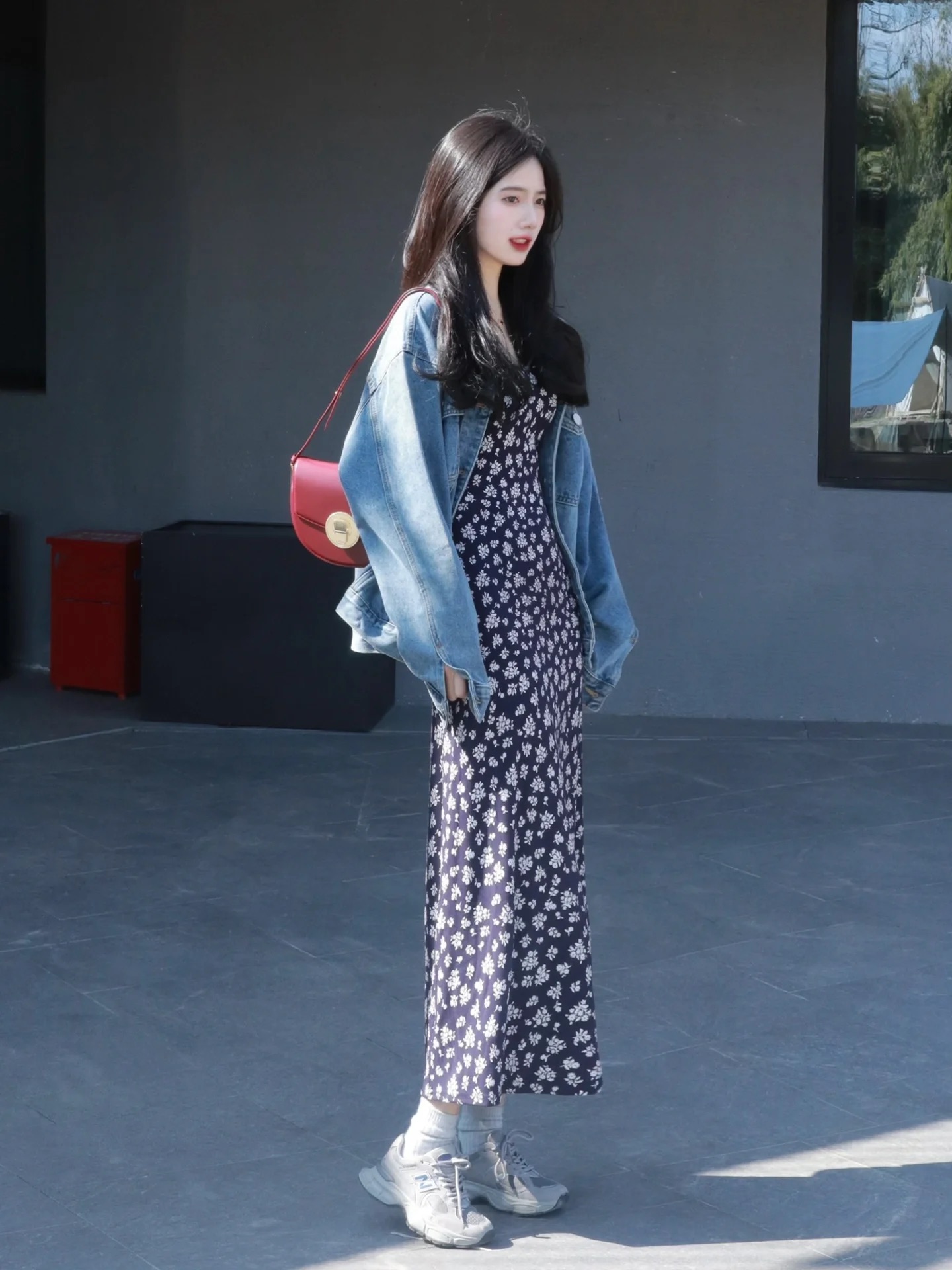 溫柔韓系美式復古藍色牛仔外套碎花吊帶連衣裙兩件套套裝女小個子
