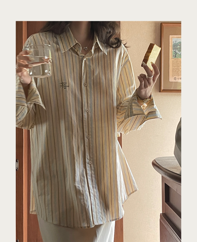 復古黃色條紋長袖襯衫女寬鬆2024春秋季內搭疊穿襯衣上衣