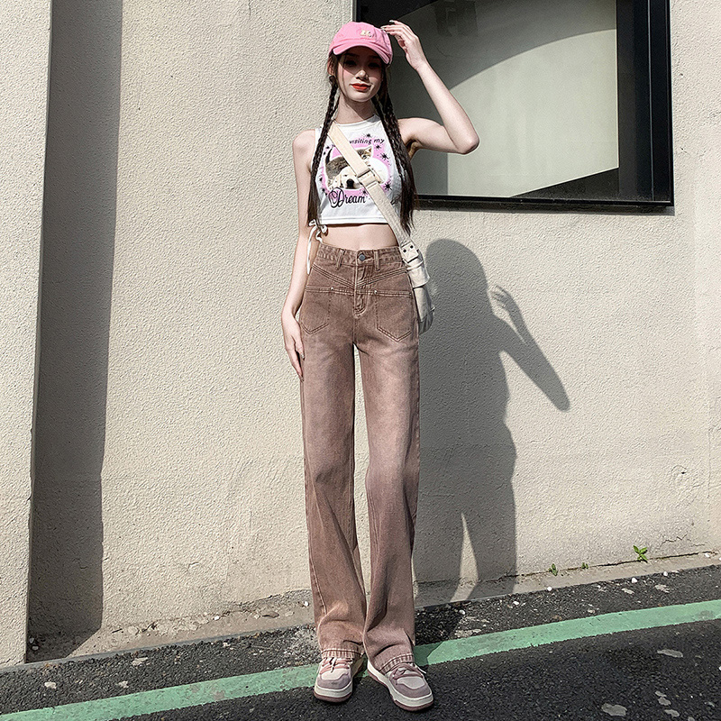 實拍 復古高腰設計感口袋牛仔女春秋新款直筒闊腿拖地褲長褲 加長