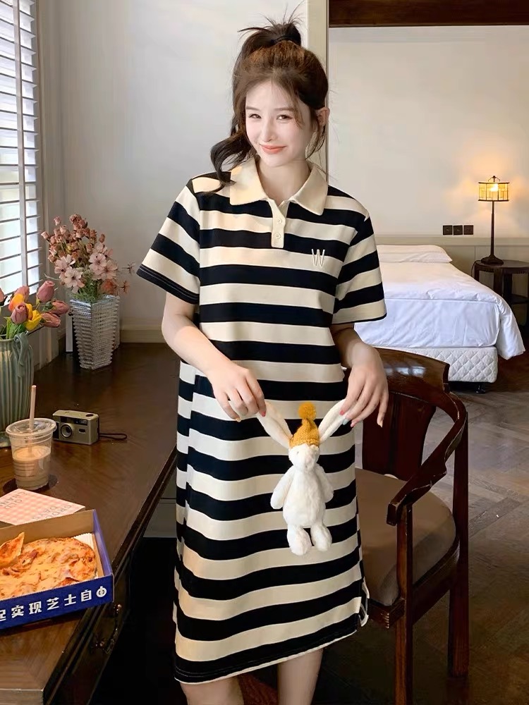 黑白條紋polo連衣裙女夏季2024新款韓系休閒寬鬆顯瘦刺繡T恤裙子