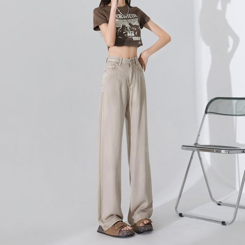 Real shot of YKK zippered Lyocell Tencel denim wide-leg pants for women, thin and loose ice silk straight style new style