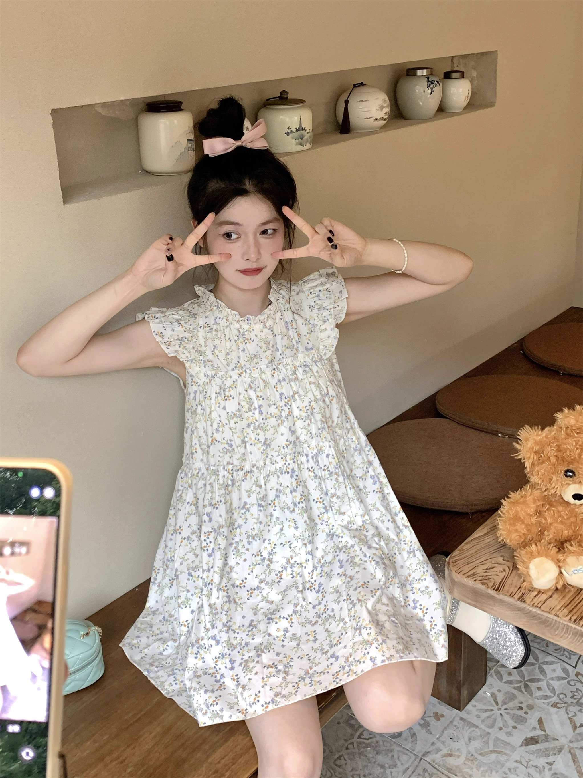 甜美減齡碎花短裙連衣裙女夏季木耳邊圓領娃娃領潮流小飛袖連衣裙