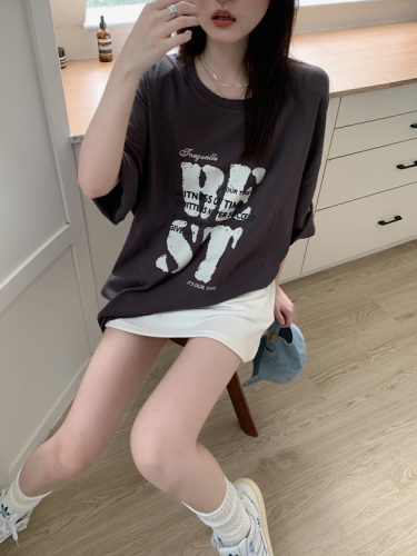 Real shot of summer casual versatile slim letter short-sleeved T-shirt