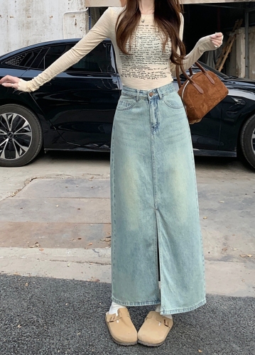 Actual shot #New high-waisted denim skirt for women with design sense front slit A-line mid-length skirt that covers the hips