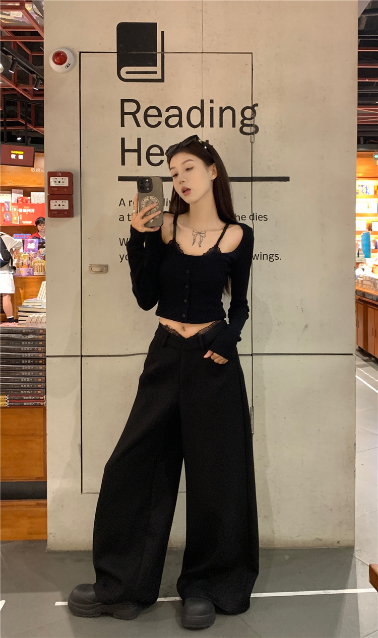 實拍~大碼設計韓版蕾絲拼接打底衫女+蕾絲腰頭顯瘦西褲套裝女