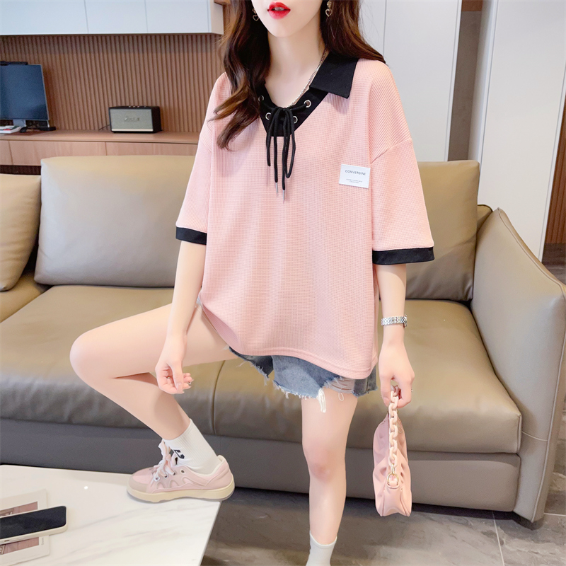 實拍 夏季韓版寬鬆後包領華夫格POLO系帶撞色大碼短袖T恤女