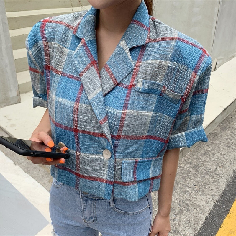 韓國洋氣復古格紋雙排扣質感西裝領短款外套短袖寬鬆顯瘦上衣