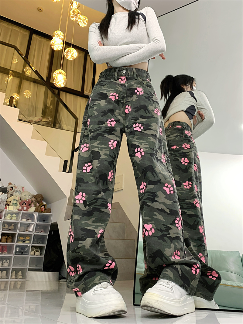 實拍~迷彩牛仔褲女寬鬆直筒高腰印花闊腿褲遮肉