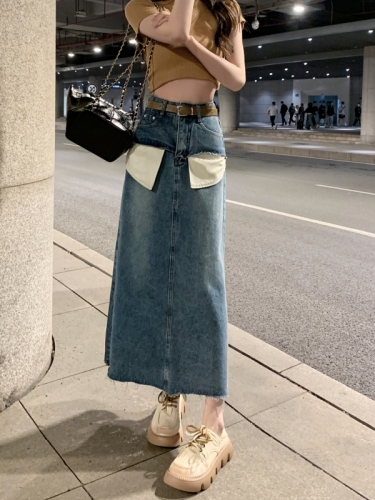 Actual shot #New high-waisted denim skirt with large pockets and raw edge skirt