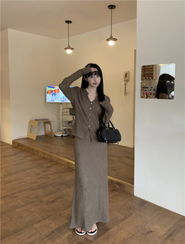 Actual shot of new spring fashion design V-neck textured shirt top high-waisted slimming skirt two-piece set