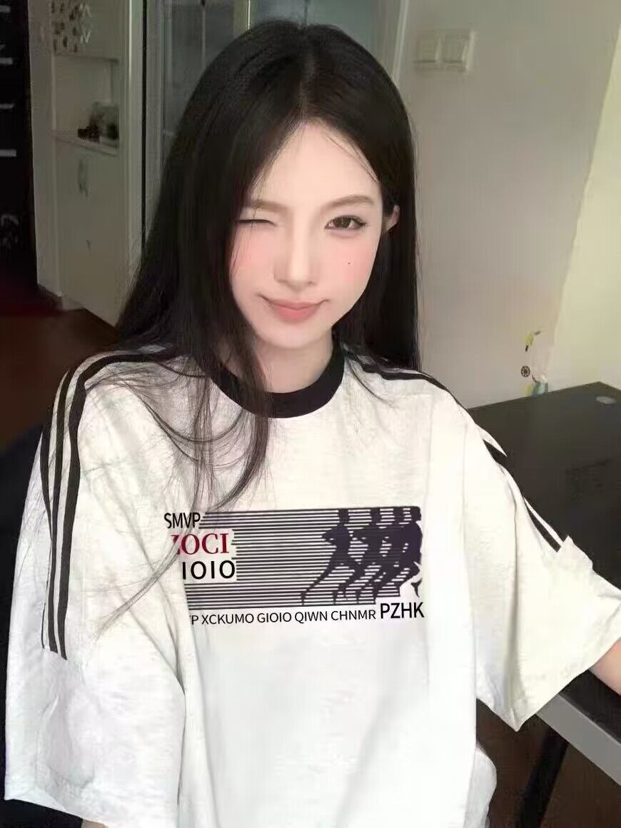 純棉200克21支精梳精密直播品質前 印花三條槓落肩短袖t恤女